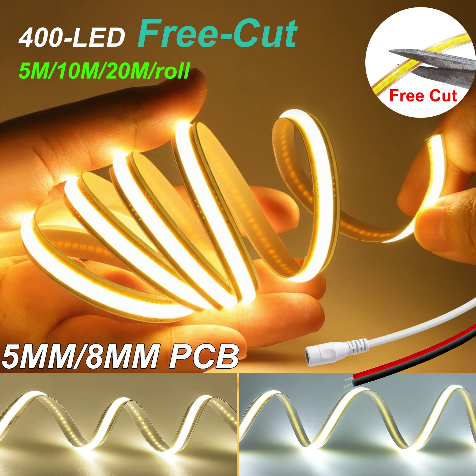 

Free Cut COB LED Strip Light 12V 24V 400LEDs/m Super Bright 5m 10m 20m Flexible Tape 3000K 4000K 6500K for Room Cabinet Kitchen
