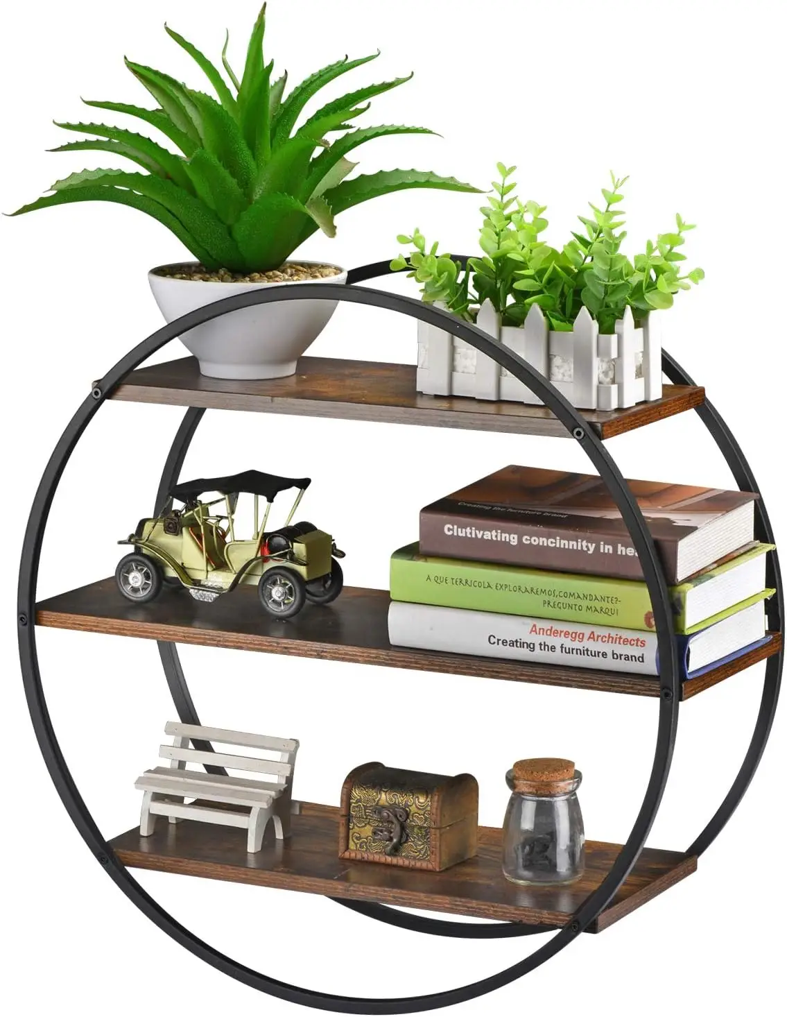 

Floating Shelves, 3 Tier Decor Geometric Circle Metal and Wood Wall Shelves, Bath Shelf Round Wall Decor, Rustic Brown