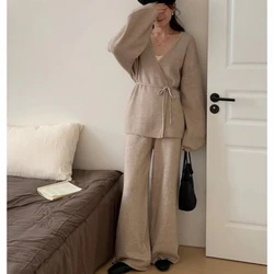 Lazy Style Autumn Winter Knitted Sweater Suits For Women V Neck Lace Up Puff Sleeve Loose Cardigan +Wide Leg Pants Two Piece Set