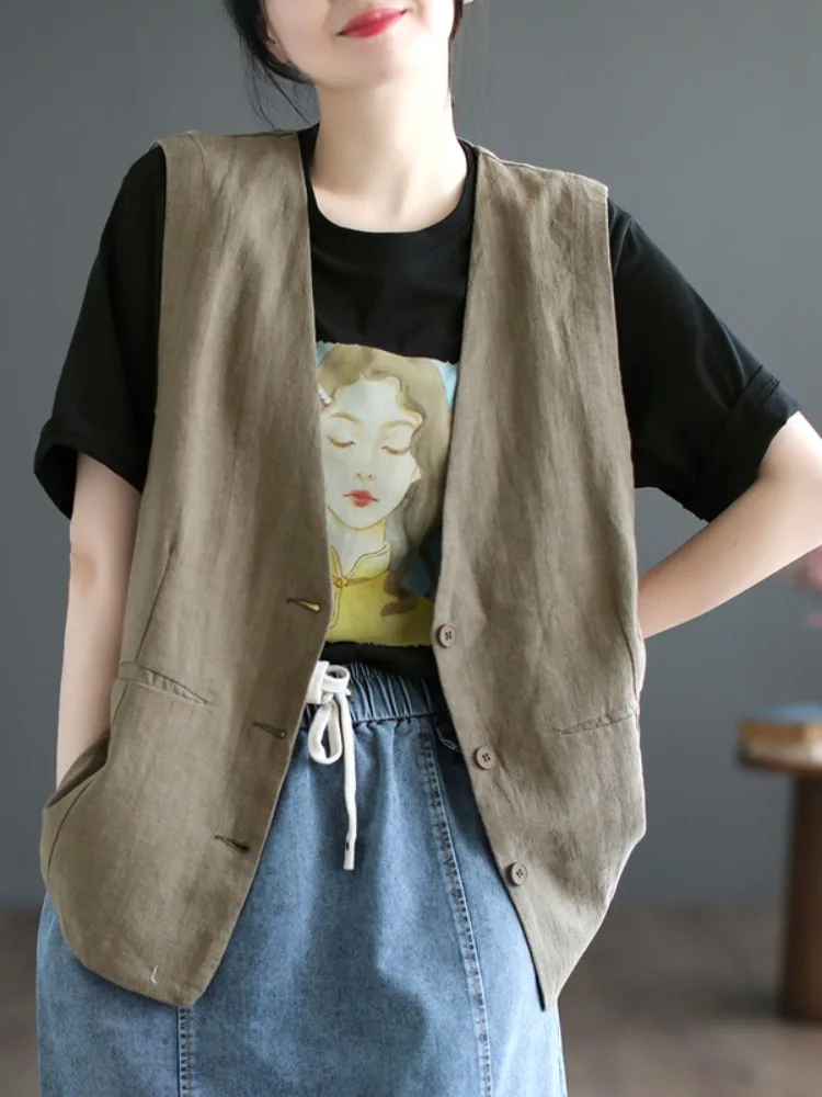 캐주얼 루즈 코튼 린넨 베스트 여성 여름 예술적 브이넥 슬림 탑 다용도 컬러 단일 버튼