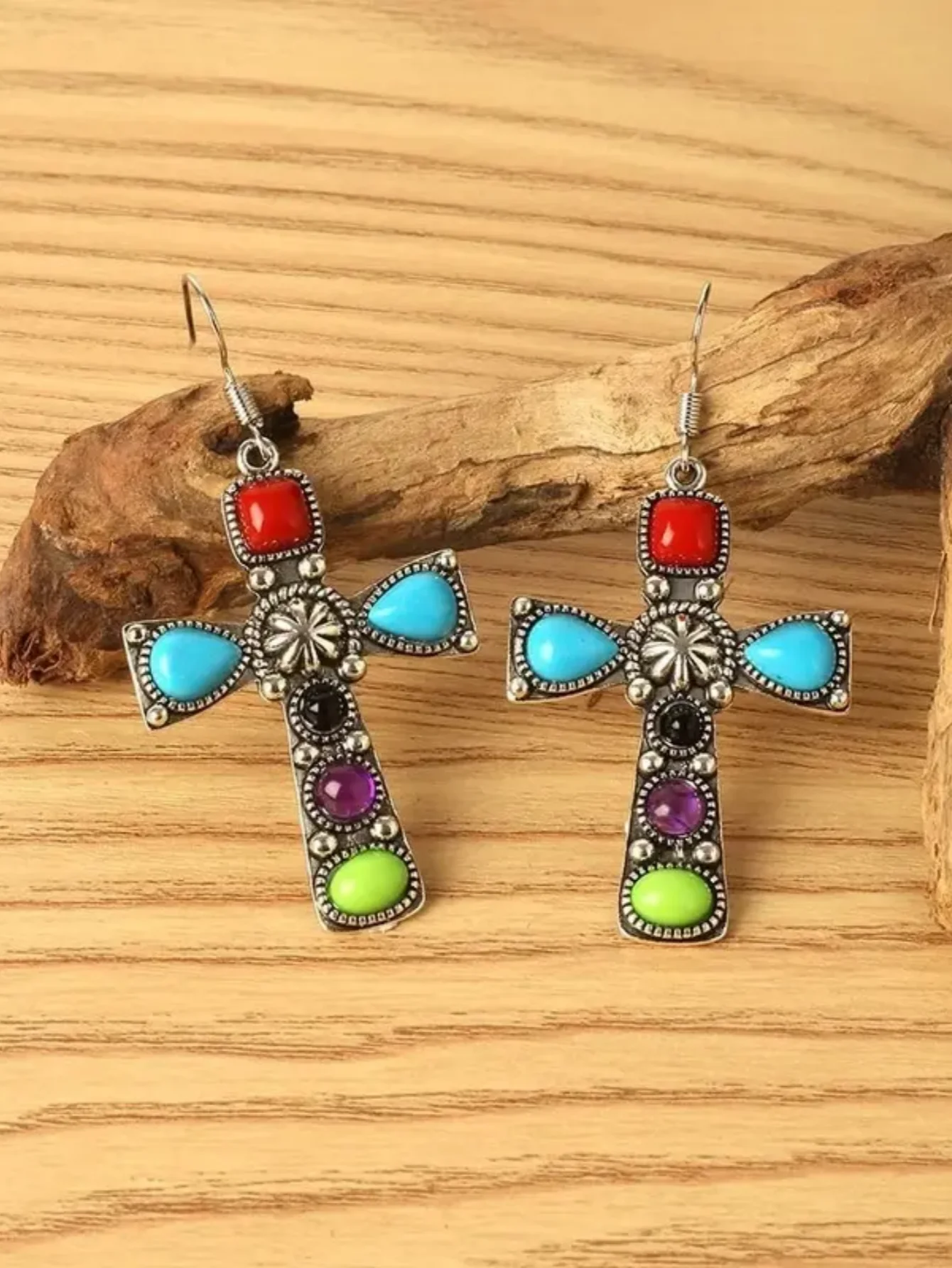 A Pair of Creative Retro Chic Bohemian Cross Metal Sculpted Pattern Colored Gems UFO Alien Spaceship Pendant Earrings