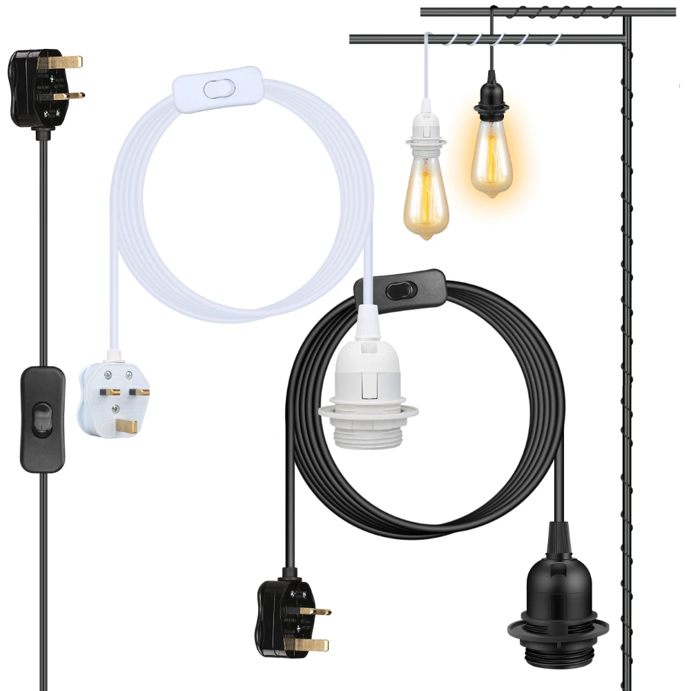 Bases de lámpara universales de 2m-3m con interruptor, adaptador de casquillo de bombilla Led, soporte de lámpara colgante de tornillo, accesorios, herramientas, suspensión de enchufes del Reino Unido