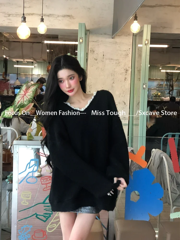 Elegant Bow Sexy Black Sweater Women New Year Autumn Chirstmas Clothing Korean Fashion Knitted Pullover Office Lady Jumpers Y2k