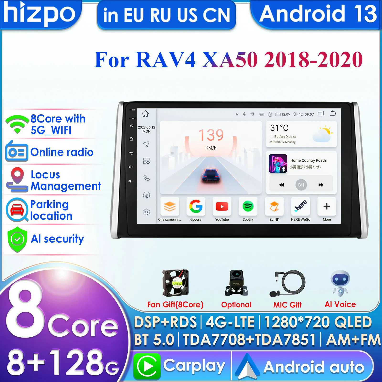 Hizpo 4G 10.1'' 10.33'' AI Intelligent Systems CarPlay Android Auto Radio for Toyota RAV4 2018 2019 2020 Car Multimedia GPS 2din