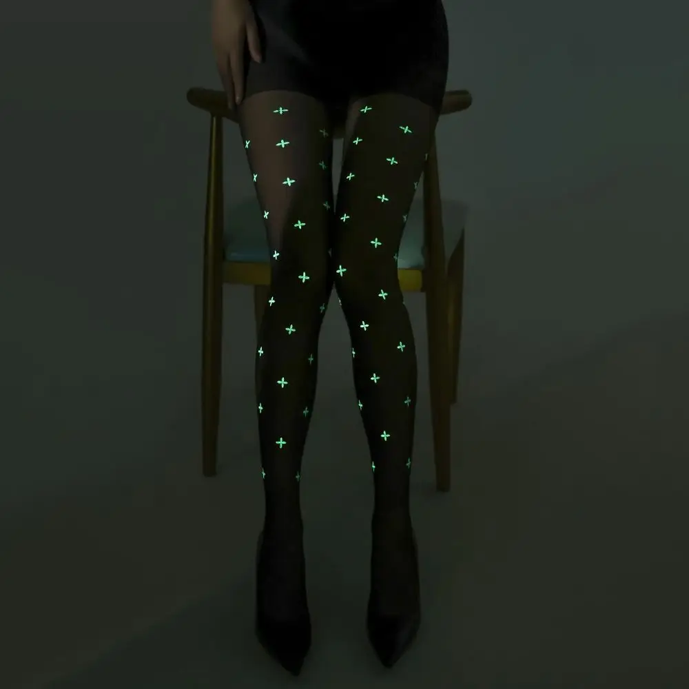 

Cool Glow in The Dark Luminous Pantyhose Heart Pattern Balck Printing Tights Butterfly Elastic Sexy Pantyhose Daily