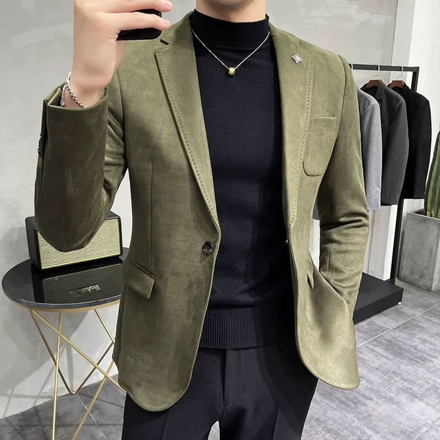 Męska kurtka polarowa ze skóry jelenia Płaszcz garniturowy Marynarka męska Biznesowy wypoczynek Slim Fit Marka Moda Wysokiej jakości płaszcz garniturowy z jednym guzikiem