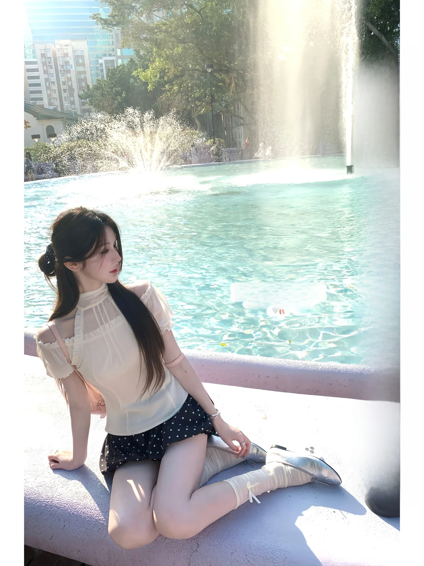 

White Water Women Polka Dot Flared orts Elastic Waist Korean Sle Slimming Puffy orts Casual Pants for Ladies