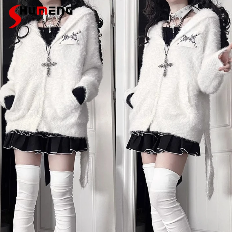 

Original Subculture Punk Soft Girl Kawaii Rabbit Ears Knitted Hooded Cardigan Sweaters Autumn Winter Women's Plush Knit Jacket