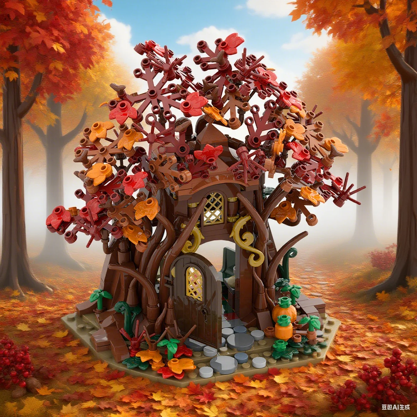 MOC-casa de elfo del bosque en otoño, modelo de bloques de construcción, casa de elfo del bosque, juguetes de ensamblaje para niños, regalos de cumpleaños DIY