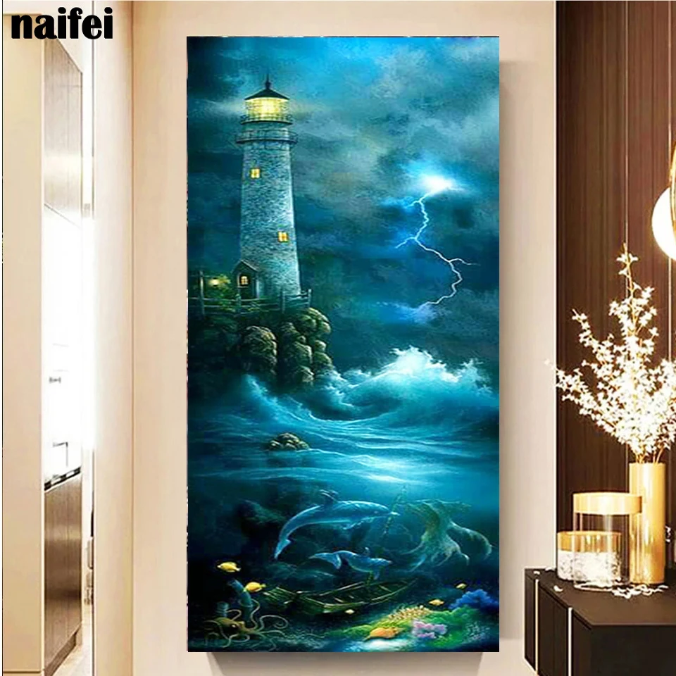 Seaside Lighthouse 5D Diamond Painting Kit Full Square Round Drill Rhinestone DIY Wall Art Crafts Mosaic Picture Home Decoration