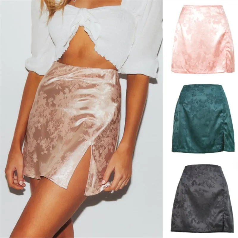 2021 Spring  Summer Women's Clothing European  American Split Skirt Sexy Jacquard Satin High Waist Zipper Skirt  Blackish Green