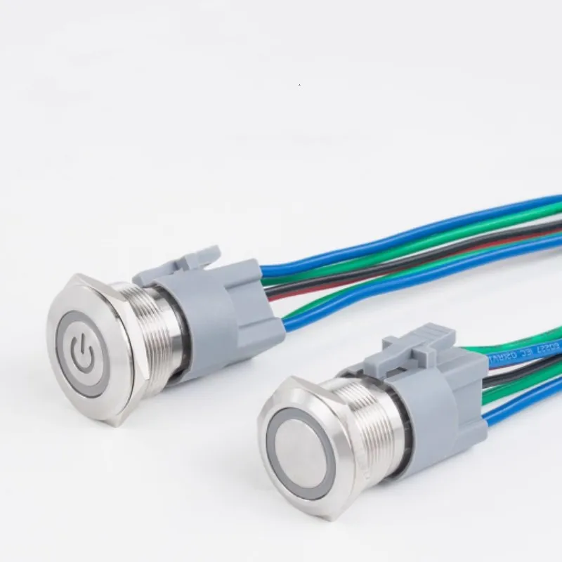 16mm 19mm 22mm Metal Push Button Switch With Wire Momentary / Latching Flat Head LED Light Red Blue Yellow Green White 12V-24V