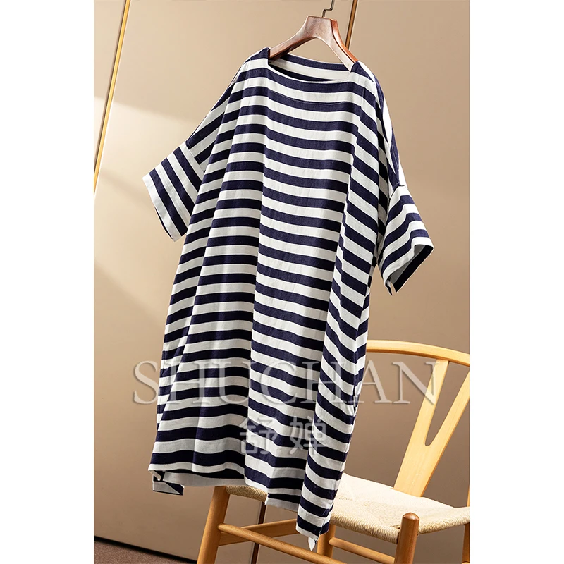 Abito t-shirt con maniche a sette quarti con silhouette allentata in misto lino a righe vintage oversize da donna 96A2