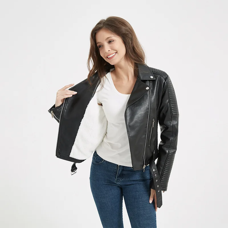 Czarna kurtka PU damska na jesień i zimę, pikowana, w stylu motocyklowym i rowerowym, z klapami, amerykańska moda casual, retro, z nitami.