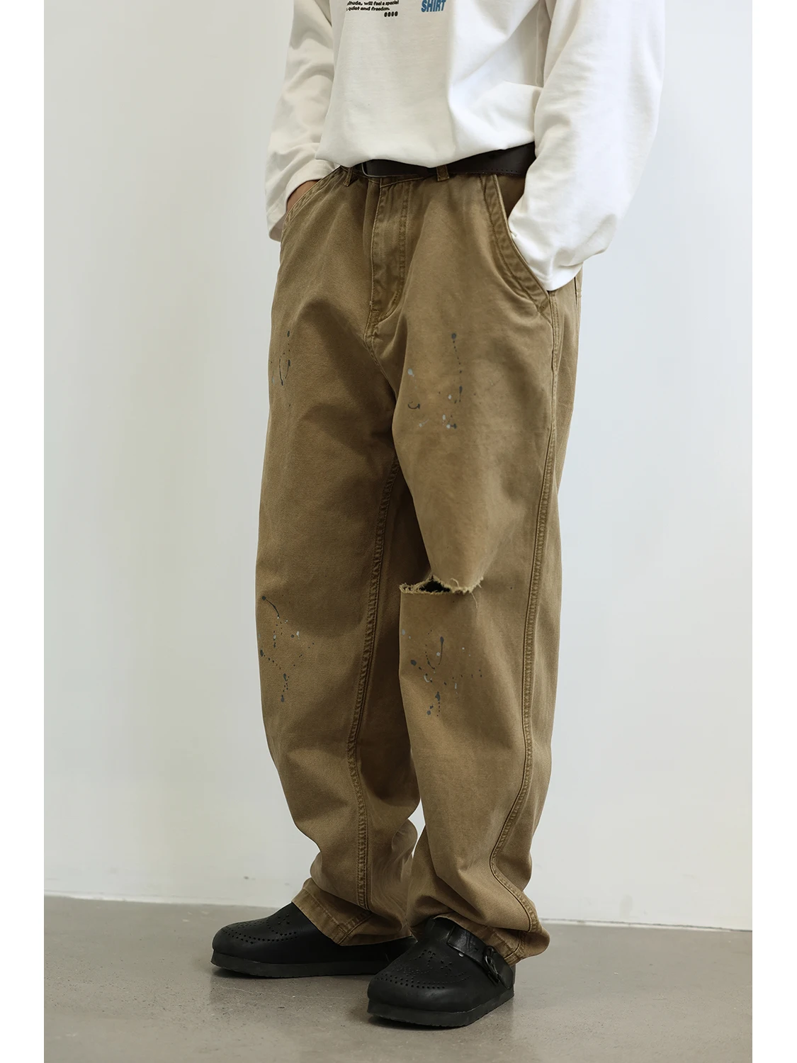 

LH Store Men's Casual Straight Leg Pants Vintage Splaed Ink Loose Fit American Street Sle Long Trousers Youth Faion