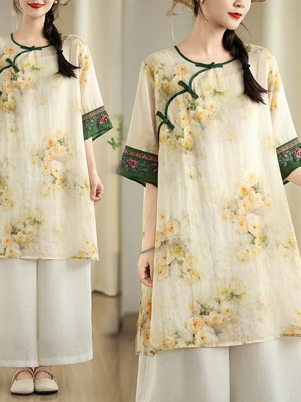 

High-End Japanese Sle Women's Embroidered Silk Top with Button Detail And Asymmetrical Hemline for Casual Wear