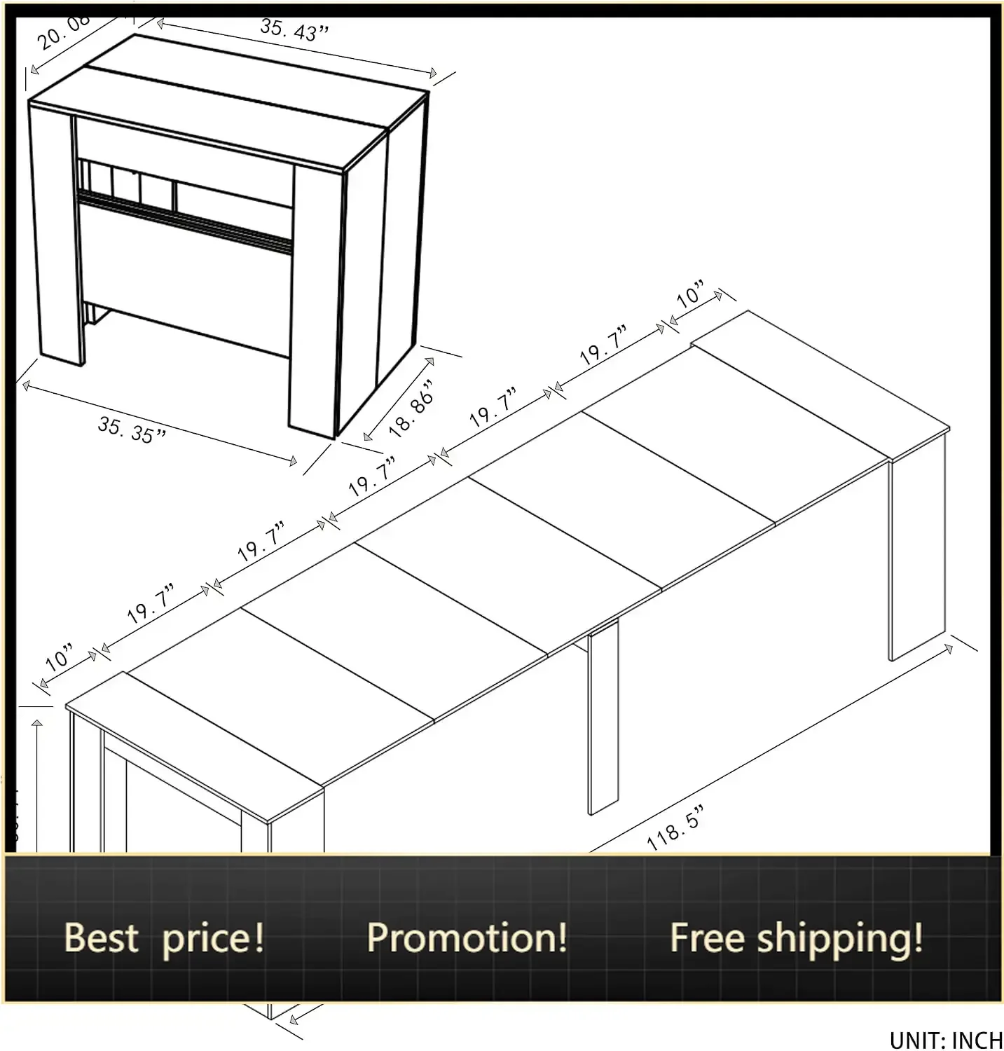 Transformer Folding Console Table for 10-12 People, Extendable Dining Table, Space Saving Dining Room Table for Apartments