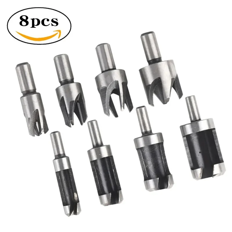 Woodworking Drill Bit Set 8 Pieces Round Shank Wood Plug Cutter Tool for Electric Drills Plugs and Dowels