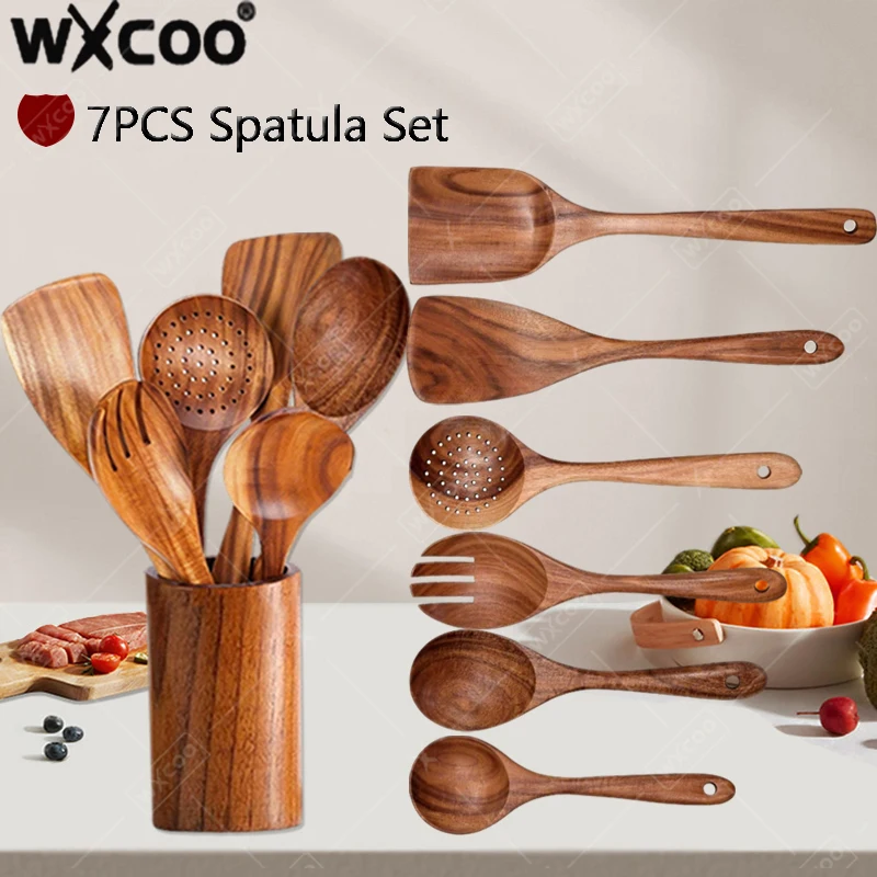 1 ~ 8 Stück Holz-Kochlöffel, Spatel, antihaftbeschichtet, für die Küche, Holz-Bratspatel, Suppenlöffel, Komfortgriff für Grill- und Kochutensilienhalter