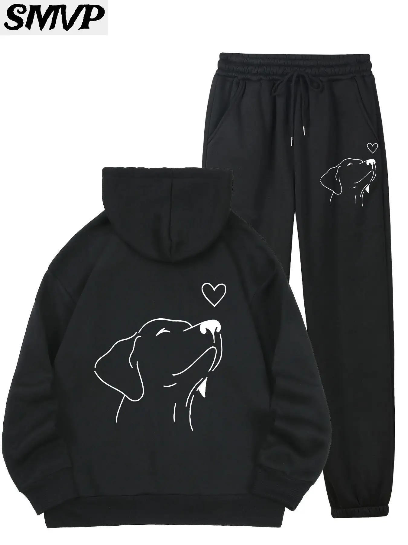 SMVP طقم هوديي قطني للنساء والفتيات باللون الأسود والأبيض مطبوع عليه كلب وقلب مكون من قطعتين ملابس غير رسمية للأم والبنت