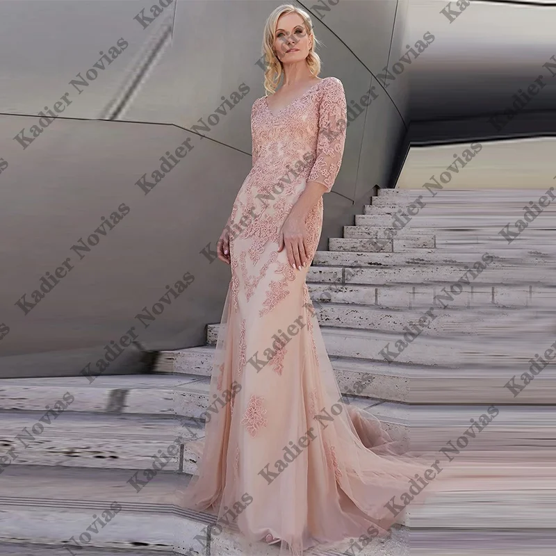 Long Mermaid Pink Mother of the Bride Dresses with Sleeves Robes Invitee Mariage Customized Wedding Evening Party Dresses