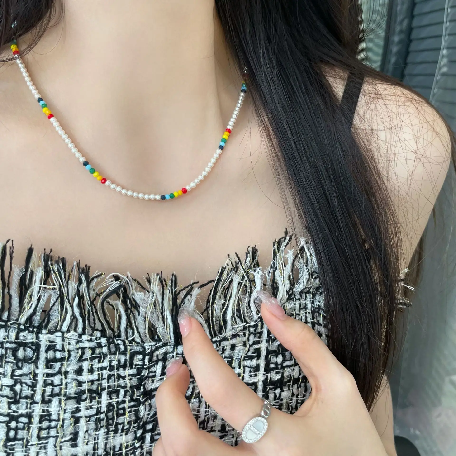 

Стильные и модные корейские украшения для женщин: ожерелье из серебра S925 с жемчугом и эмалевыми бусинами в стиле Ins, радужные бусины.