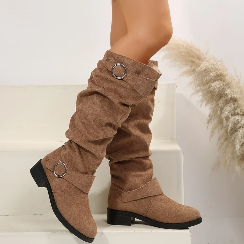 

2025 Fall Winter New Large Size Mid Heel Knee High Boots for Women Suede Riding Boots British Style Fashion Boots
