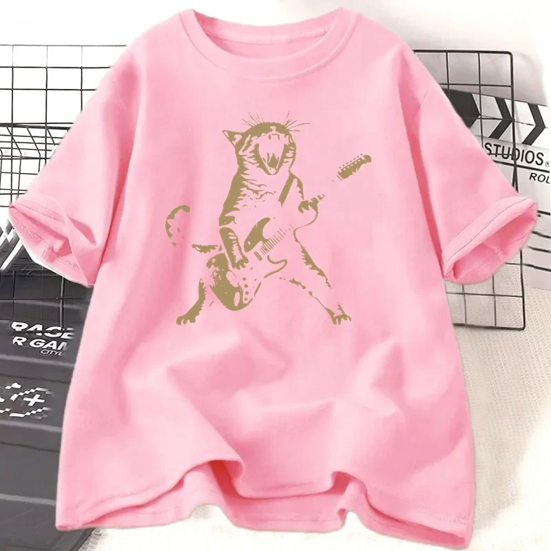 Rock Kat Gitaar Spelen T-shirt Vrouwen Mannen Plus Size Grappige Gitaar Kat T-shirt Casual Korte Mouw O Hals T-shirts Unisex Streetwear