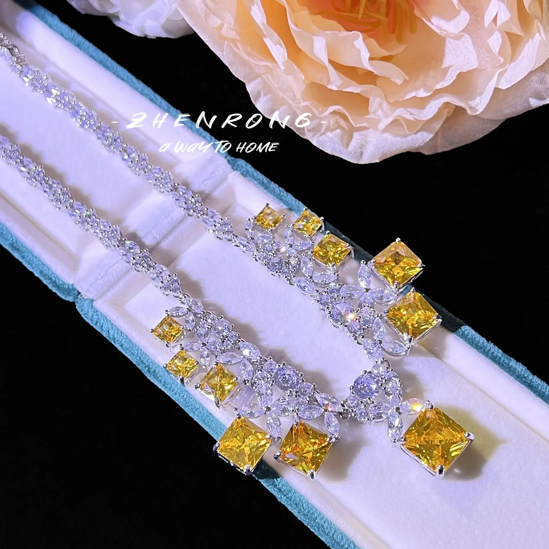 S925 Sterling Silber Halskette Luxus Diamant Abendhalskette Set Kette für Damen – Detail 5