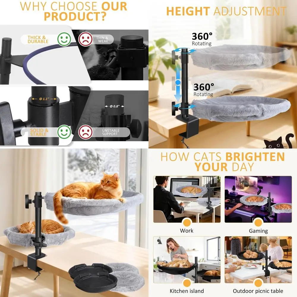 

Adjustable Height Double-Deck Cat Desk Bed with 360° Rotation and 4 Washable Pads, Suitable for Kittens, Up to 45lbs, Grey & Bla