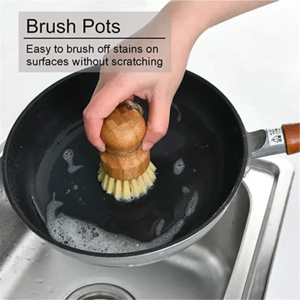 Round Mini Scrub Brush Multifunctional Natural Sisal Bristles Wooden Cleaning Scrubbers Tool for Washing Iron Pan Pot Vegetables