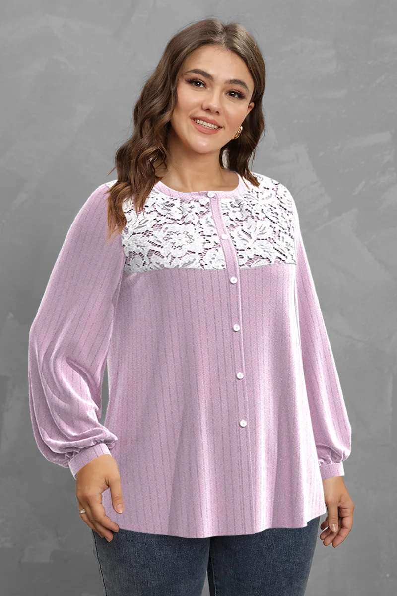 

Flycurvy Plus Size Casual Mauve Lace Stitching Velvet Hot Stamping Lantern Sleeve Blouses