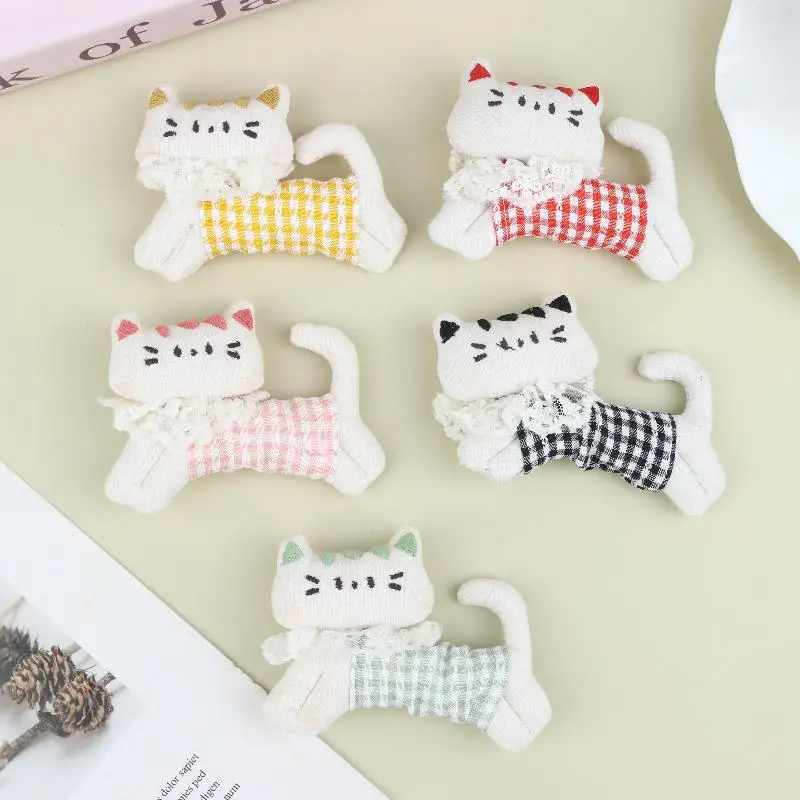 Plaid Fabric Stuffed Cat Ornament Cute Plush Kitten Patch DIY Accessory For Brooch Bag Clothes Shoes Hair Decor Handmade Craft