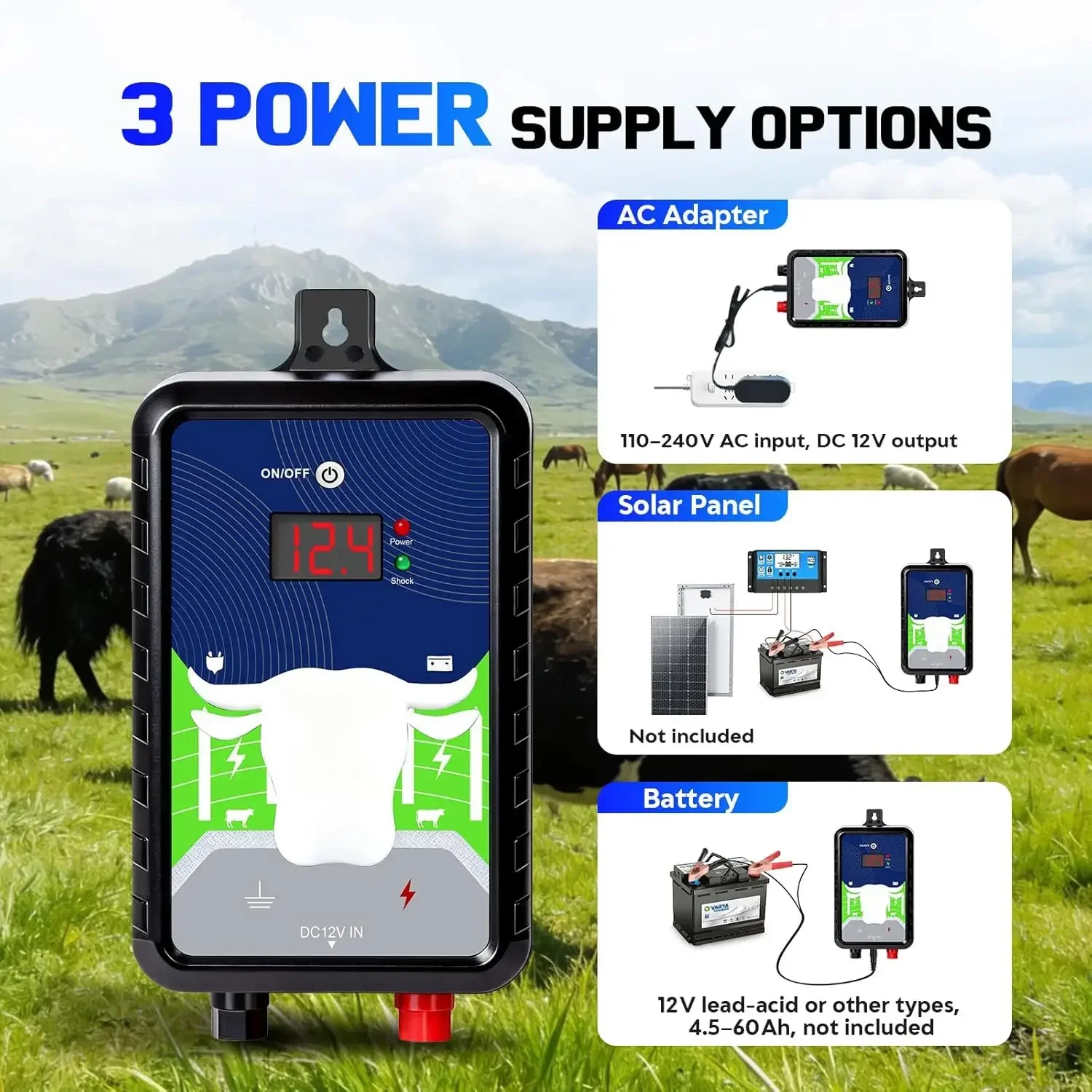 DC 12V 4 joule electric fence energizer 15 Miles / 24KM for animal cattle farm poultry solar power charger fencing controller