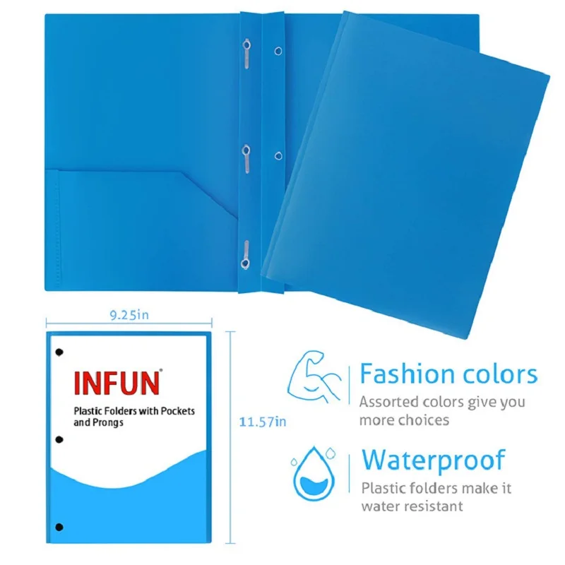 2Pcs Plastic 6 Colors Folder with Pockets and Prongs Colorful Folders with Fasteners Office School Folders