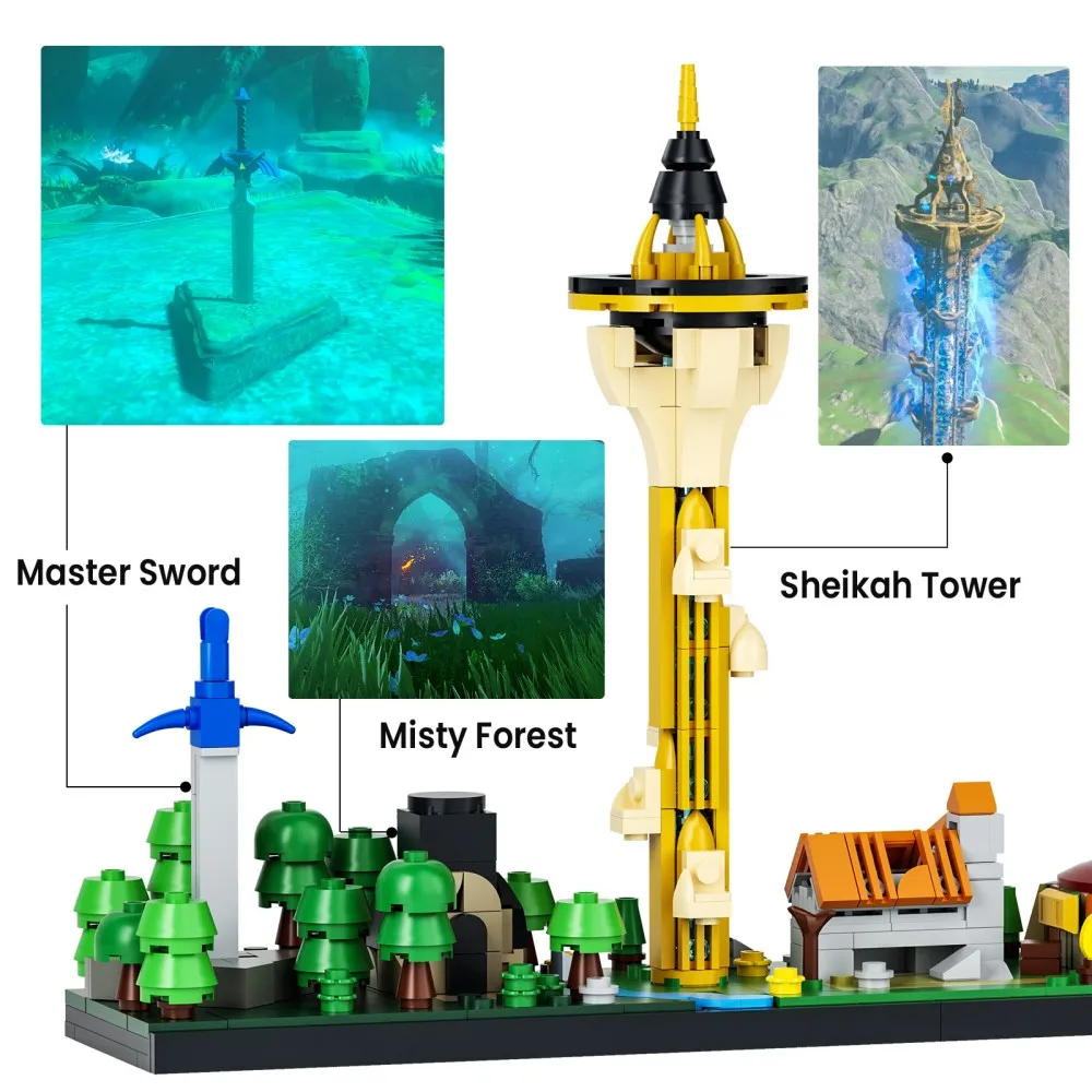 MOC Zeldaed Skyline Modello Building Blocks Hyrule Castello Tempio SheikahTower Spada laser Foresta Architettura Mattoni Giocattolo Regalo