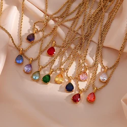 E.B.belle Waterproof Trendy Birthstone Necklace Jewelry Gift For Women 12 Colors Zircon Waterdrop Pendant Necklace Rope Chain