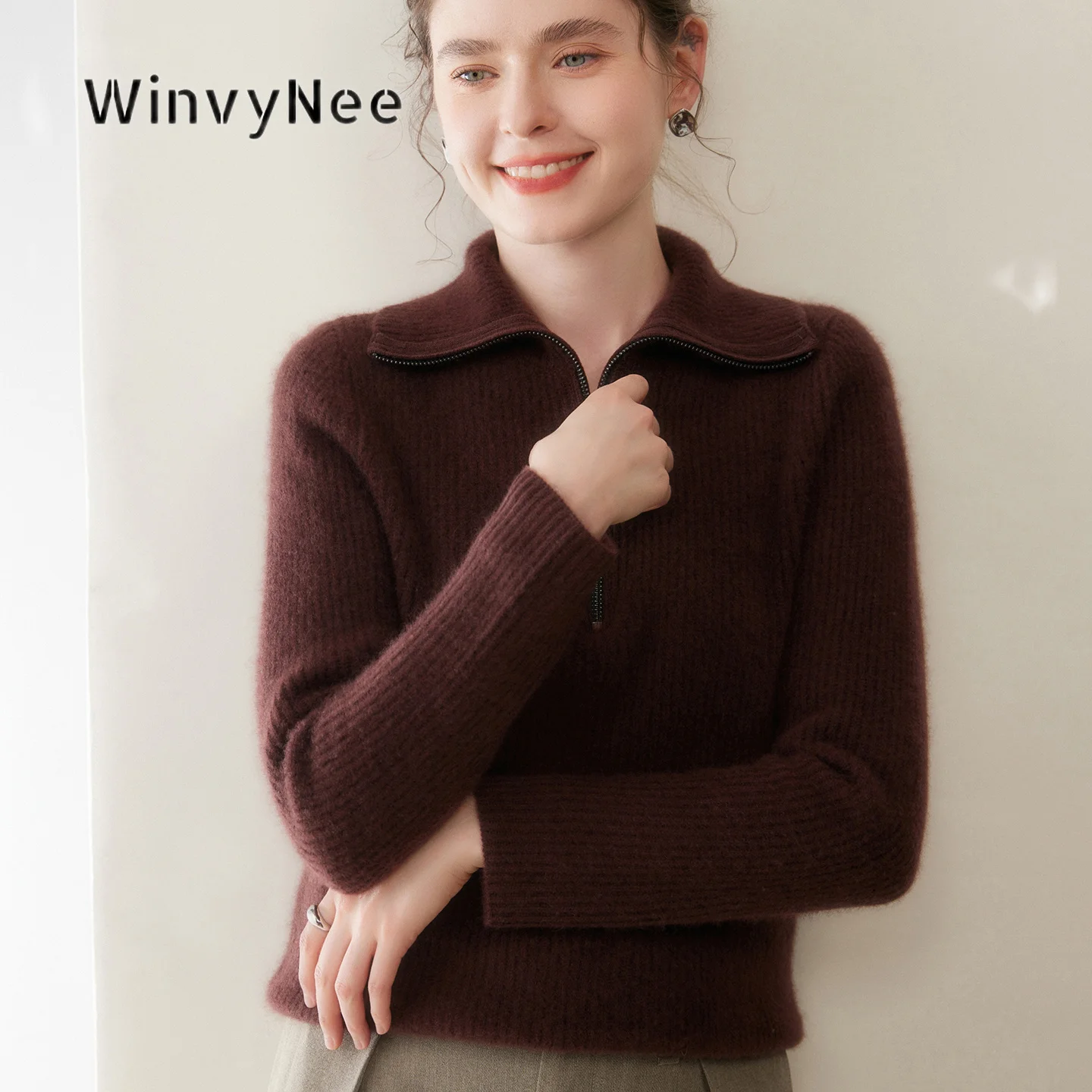 WinvyNee Women Jumper Cashmere Half Zip Stand Collar Vertical Rib Slim Fine Luxury Daily Knit Top Warm Chic Soft Basic A1054077