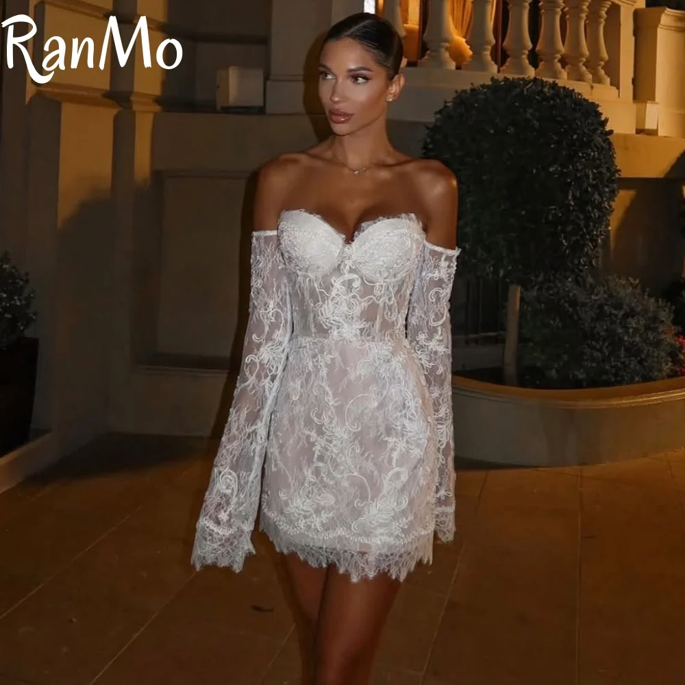 

Ranmo Modern Short Lace Wedding Dresses Sweetheart Sleeves Off The Shoulder Prom Dresses Mini Wedding Party Gowns 2026 Occasion
