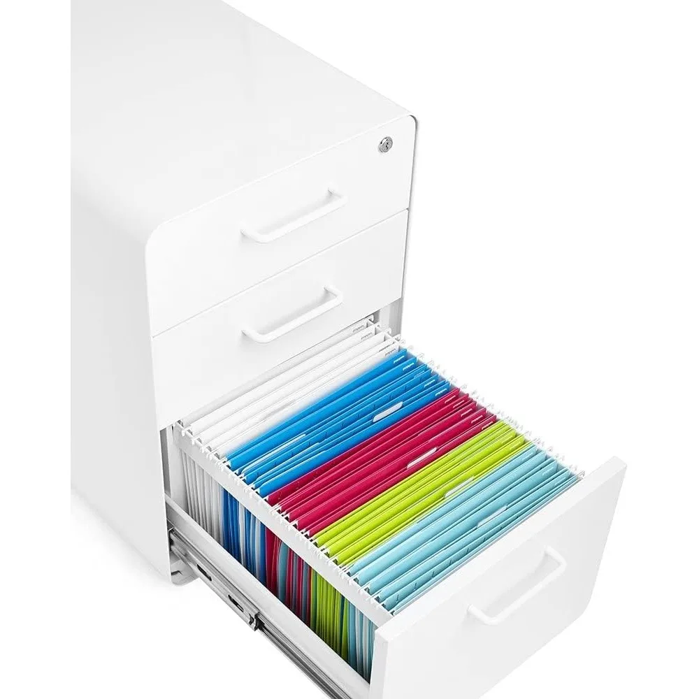3-Drawer Rolling File Cabinet - White. 2 Utility Drawers and 1 Hanging File Drawer. Two Locking and Two Non-Locking Wheels