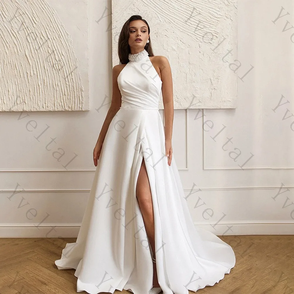 Customized Graceful Temperament Halter Neck Wedding Dresses  A-line Sleeveless Backless Fascinating Fashion Bridal Gowns