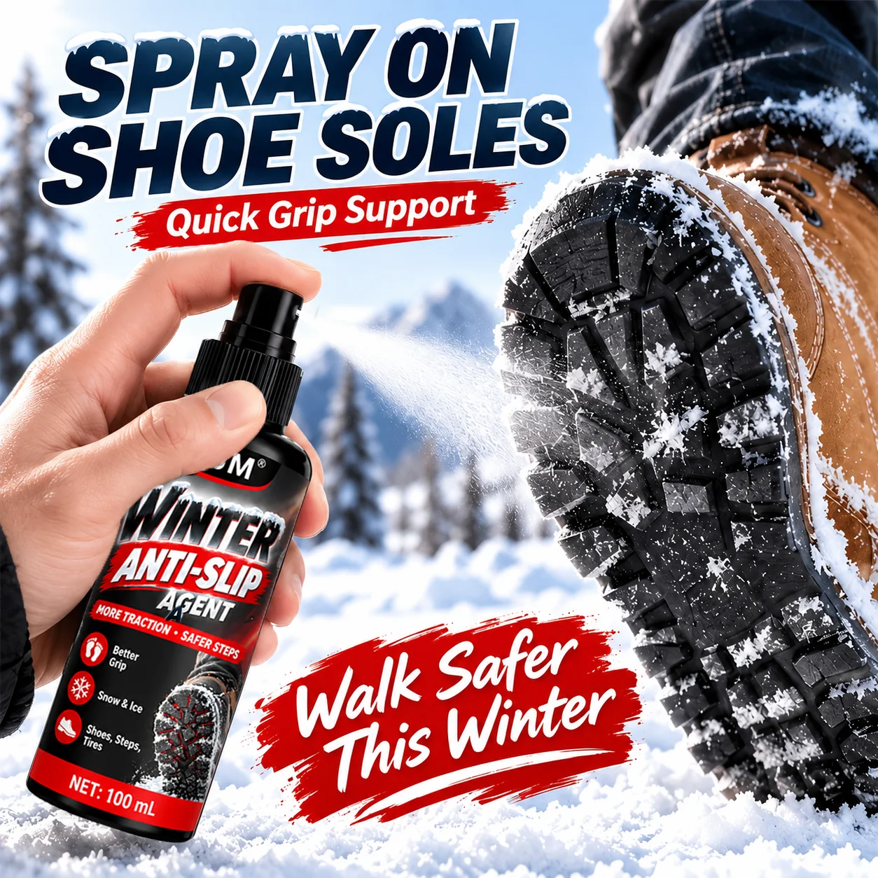 KJM Winter Anti-Slip Spray For Shoes, Shoe Sole Grip Enhancer For Snow And Ice, 100ml Traction Support For Winter Boots