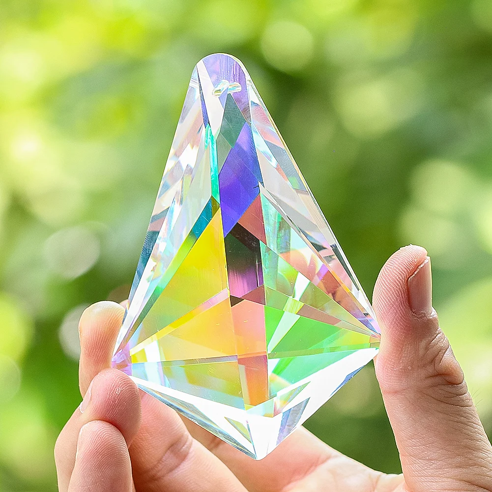 

AB Color Bright Crystal Horn Faceted Glass Prism Rainbow Center Light Pillar Chandelier Parts Suncatcher for Windows Decoration
