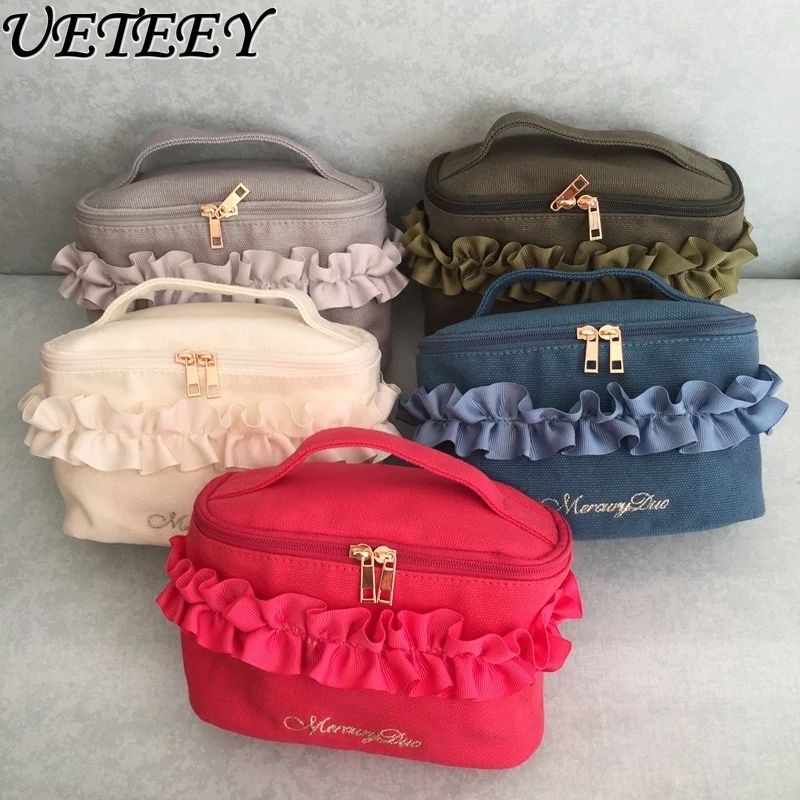 Cotton Canvas Pleated Lace Mini Small Cosmetic Bag Sweet Girl Travel Versatile Zipper Portable Cosmetic Storage Bags Makeup Box