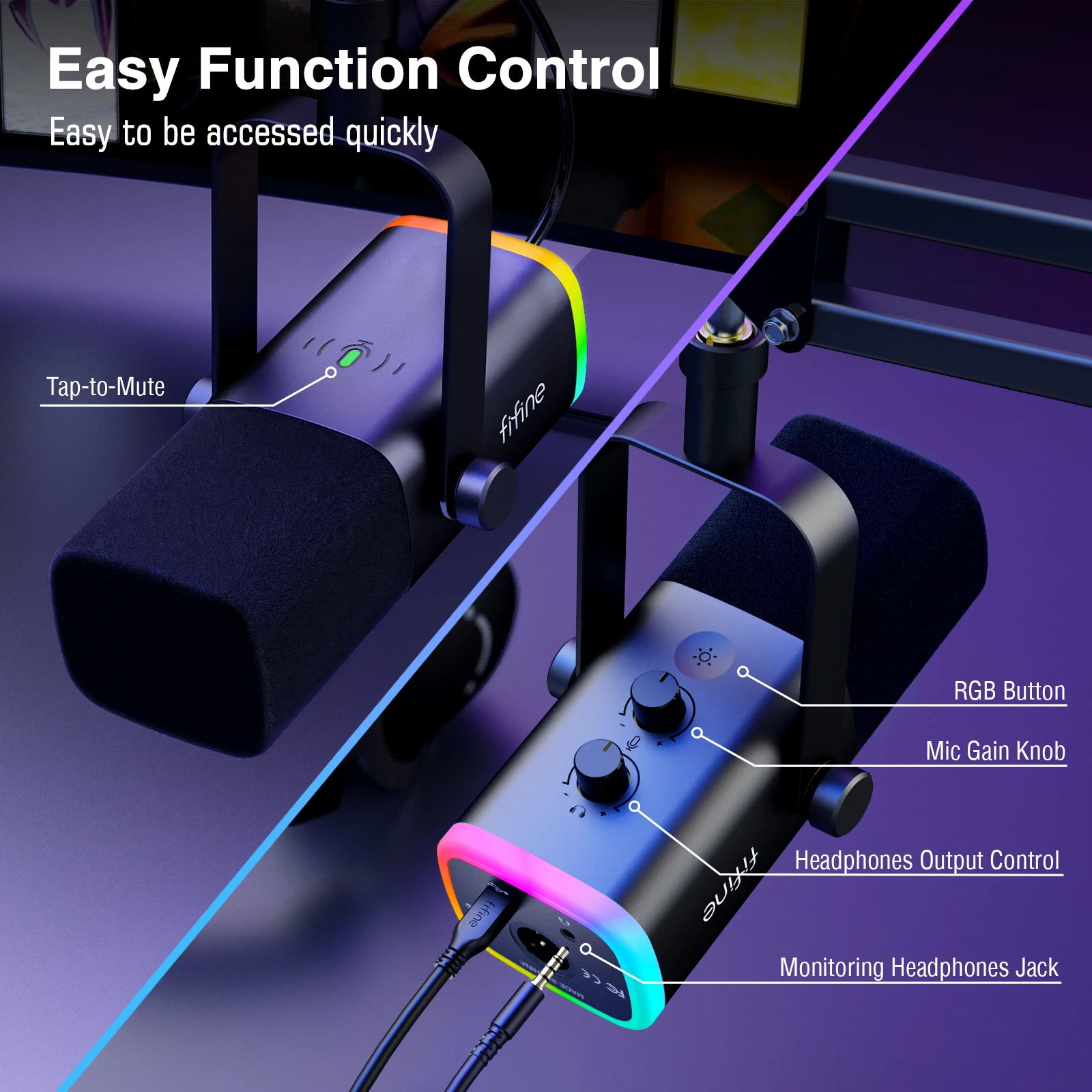 Imagem -05 - Fifine-kit de Microfone Xlr Dinâmico com Braço Boom para Mixergaming Usb Mic Grupo Rgb Controle de Volume para pc Ps5 Ps4 Amplificador Am8t