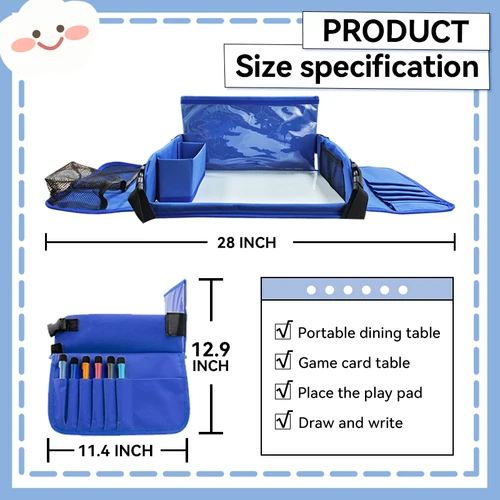 Imagen 2 del producto Bandeja de asiento de viaje para niños, mesa de almacenamiento de juguetes para coche, tablero de dibujo, bandeja de seguridad, estante para bebidas y comedor, actividades de viaje por carretera