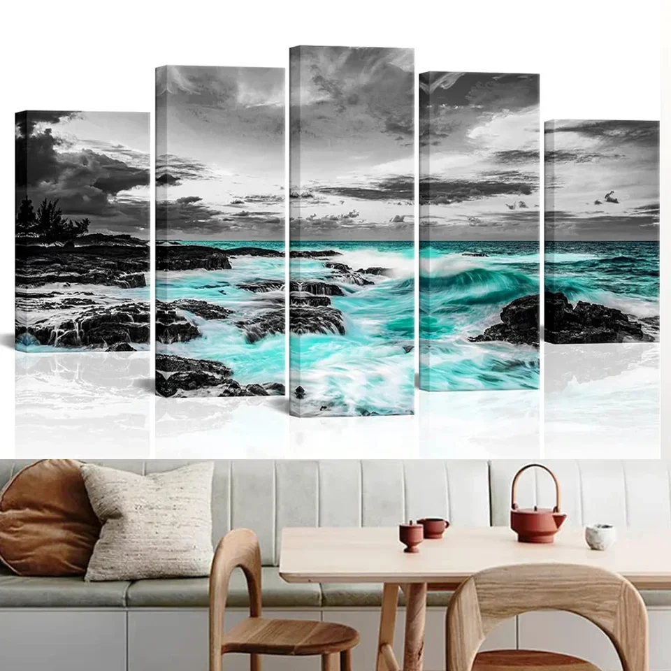 

Black and Blue Seaside Wave Landscape 5D DIY Full Drill Diamond Painting 5panels Decoration Diamond Mosaic Cross Stitch