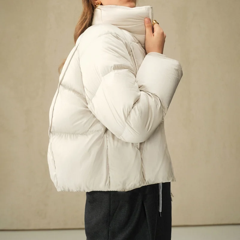2025, Winter, neue Damen-Stehkragen, Satin, dick, warm, Daunenjacke, Y2K, hochwertige Mode, lässig, weiße Entendaunen-Schneejacke