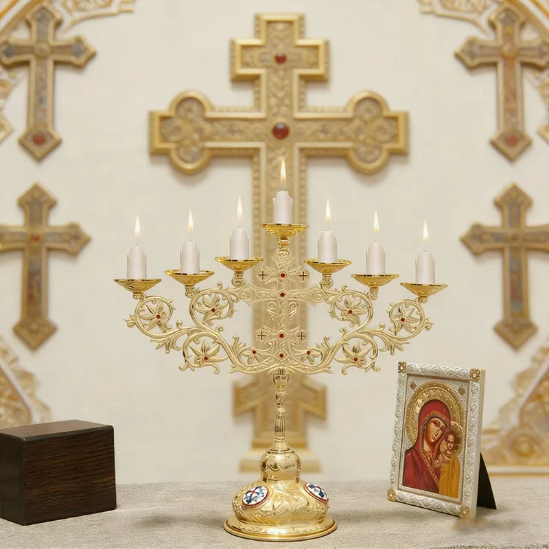 Neuer 2026 Eleganter Vergoldeter Orthodoxer Siebenarmiger Kerzenleuchter mit Roten Akzenten für Gottesdienste und Heimische Andachtsräume – Detail 13