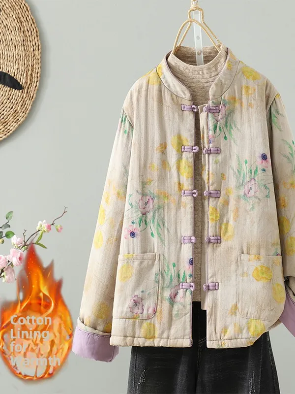 

Retro Print New Chinese Sle Thiened Cotton Jaet Women's Winter Warm National Sle Zen Collar Button Cotton Coat